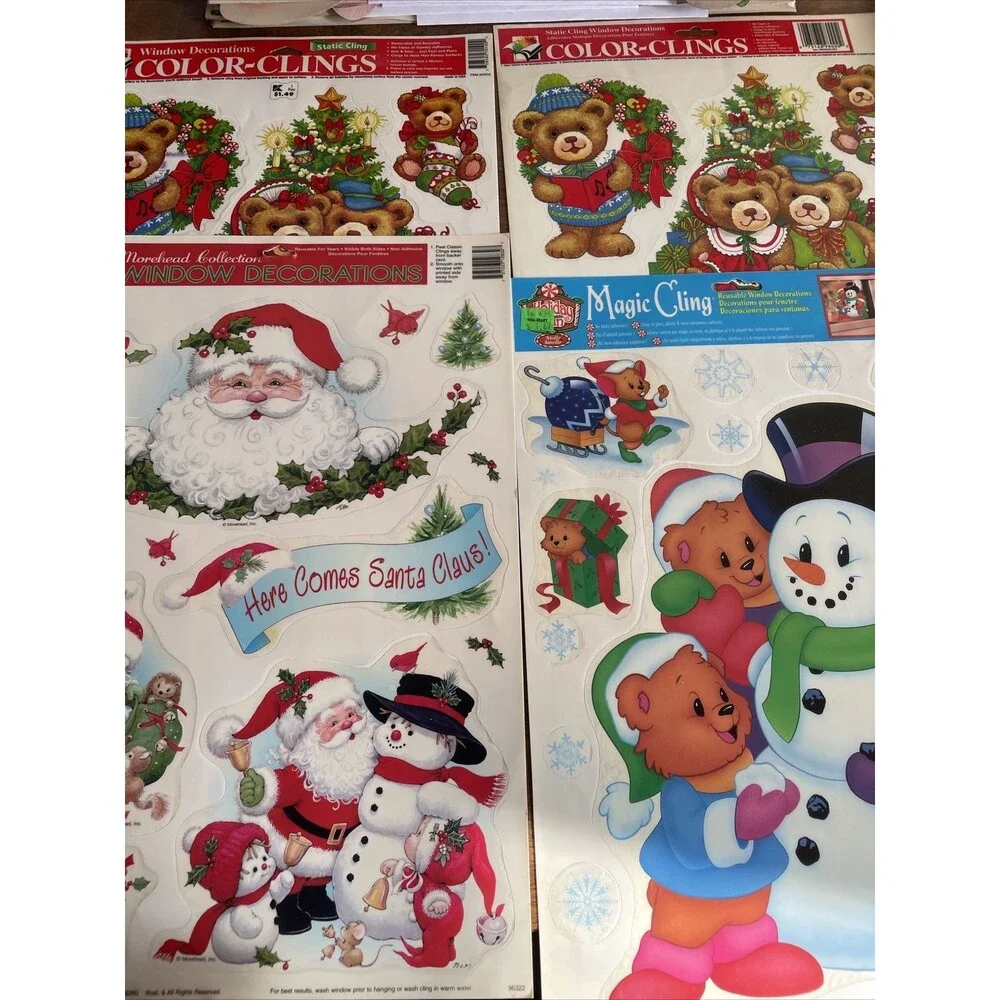 4 Vintage Christmas Vinyl Window Clings Snowman Animals Bear Rabbit Fox Santa
